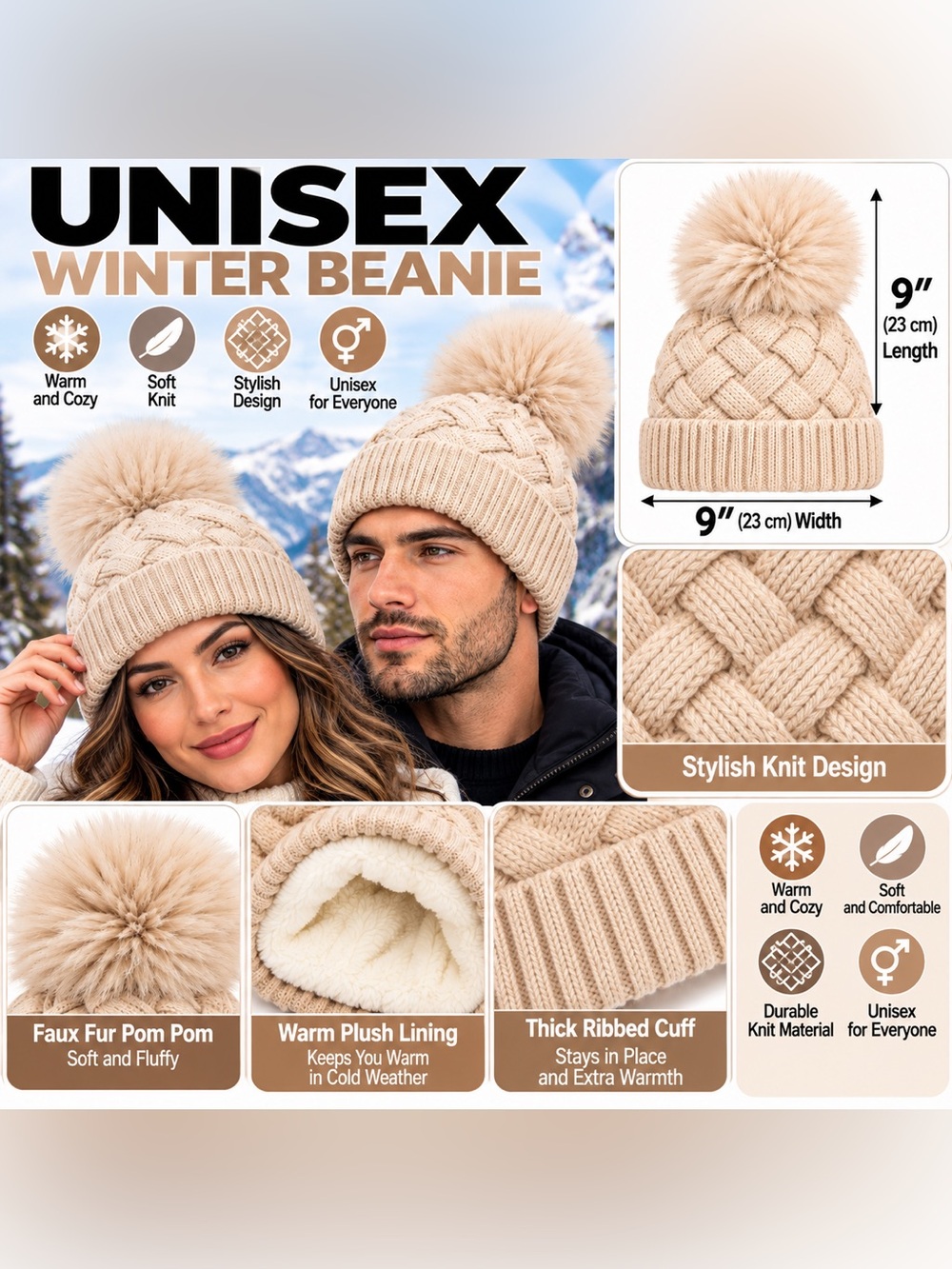 Unisex Winter Knit Beanie Faux Fur Pom Pom Plush Fleece Lined Warm Hat